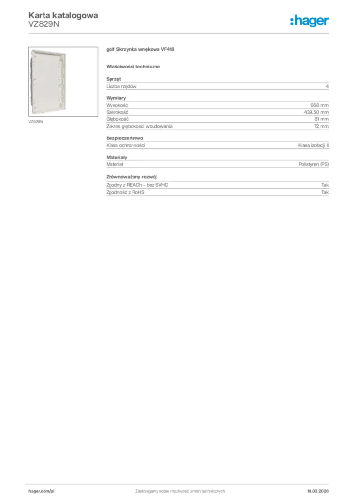 Zdjęcie Hager Karta katalogowa VZ829N | Hager Polska