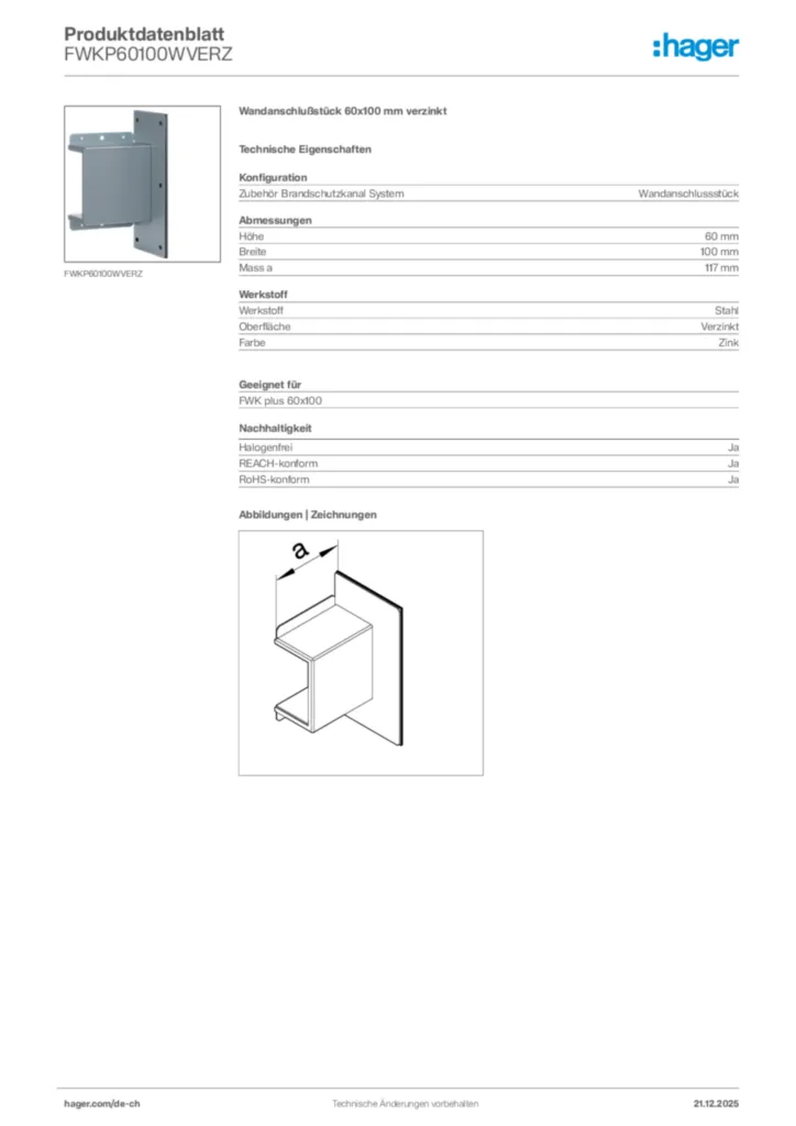 Bild Hager Produktdatenblatt FWKP60100WVERZ | Hager Schweiz