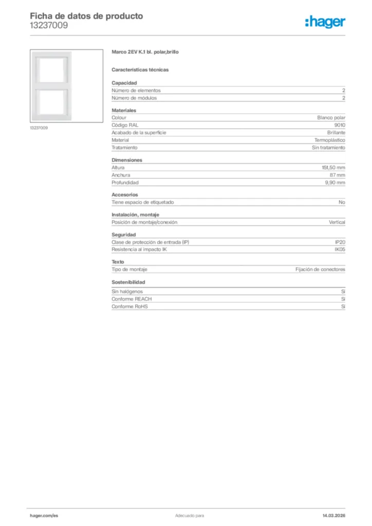 Imagen Hager Ficha de datos de producto 13237009 | Hager España