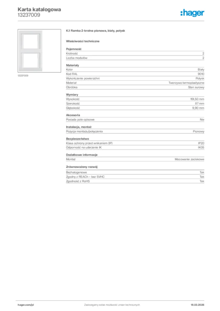 Zdjęcie Hager Karta katalogowa 13237009 | Hager Polska