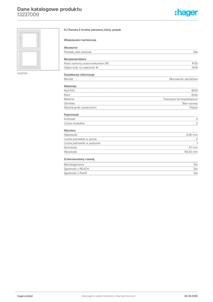 Zdjęcie Hager Dane katalogowe produktu 13237009 | Hager Polska