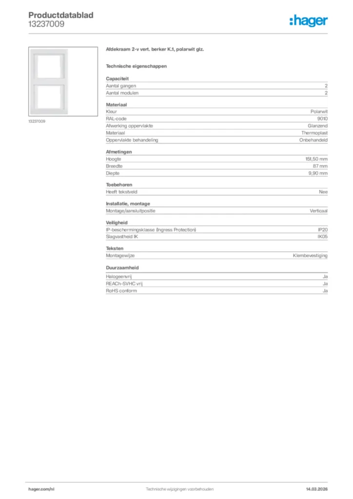 Afbeelding Hager Productdatablad 13237009 | Hager Nederland