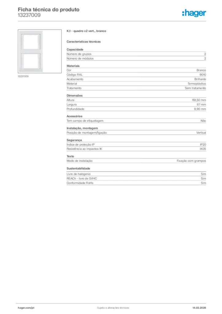 Imagem Hager Ficha técnica do produto 13237009 | Hager Portugal