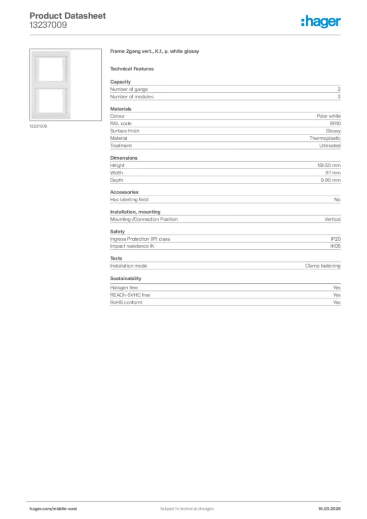 Image Hager Product data sheet 13237009  | Hager