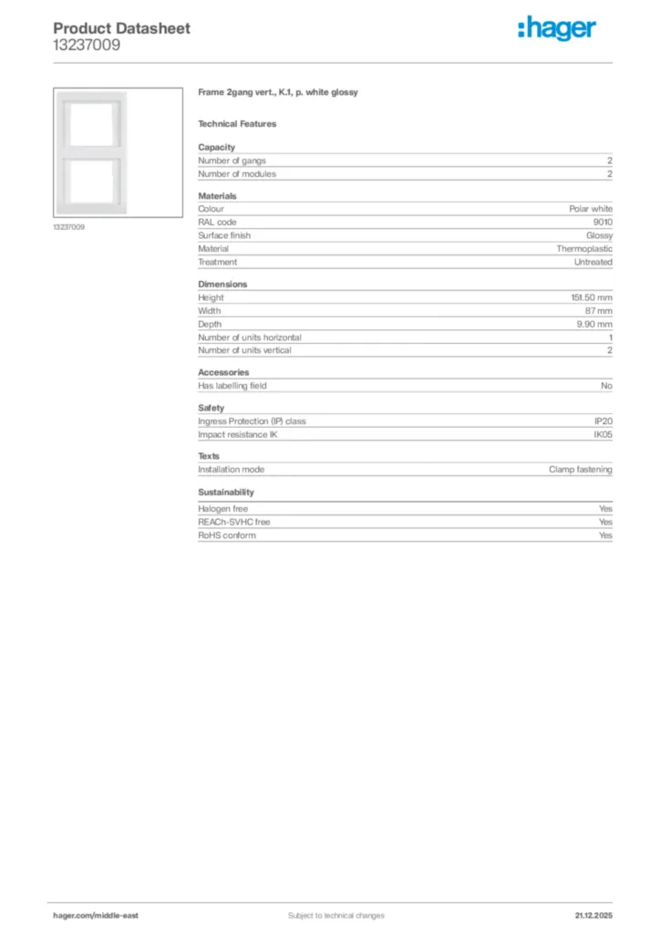 Image Hager Product data sheet 13237009  | Hager