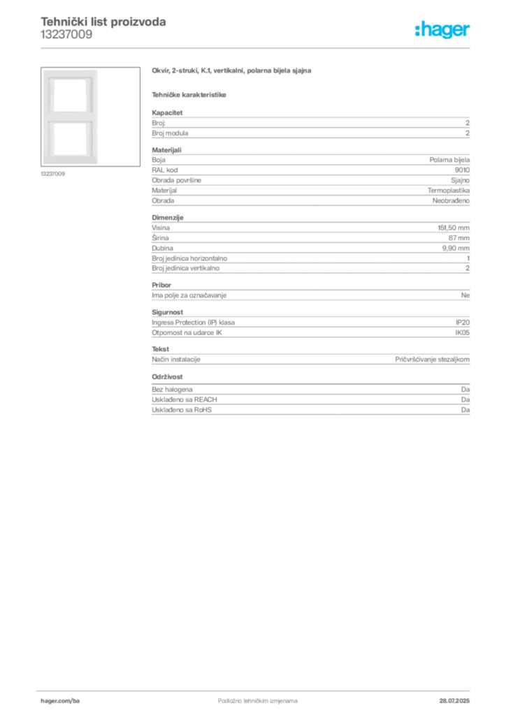 Slika Hager Product data sheet 13237009  | Hager