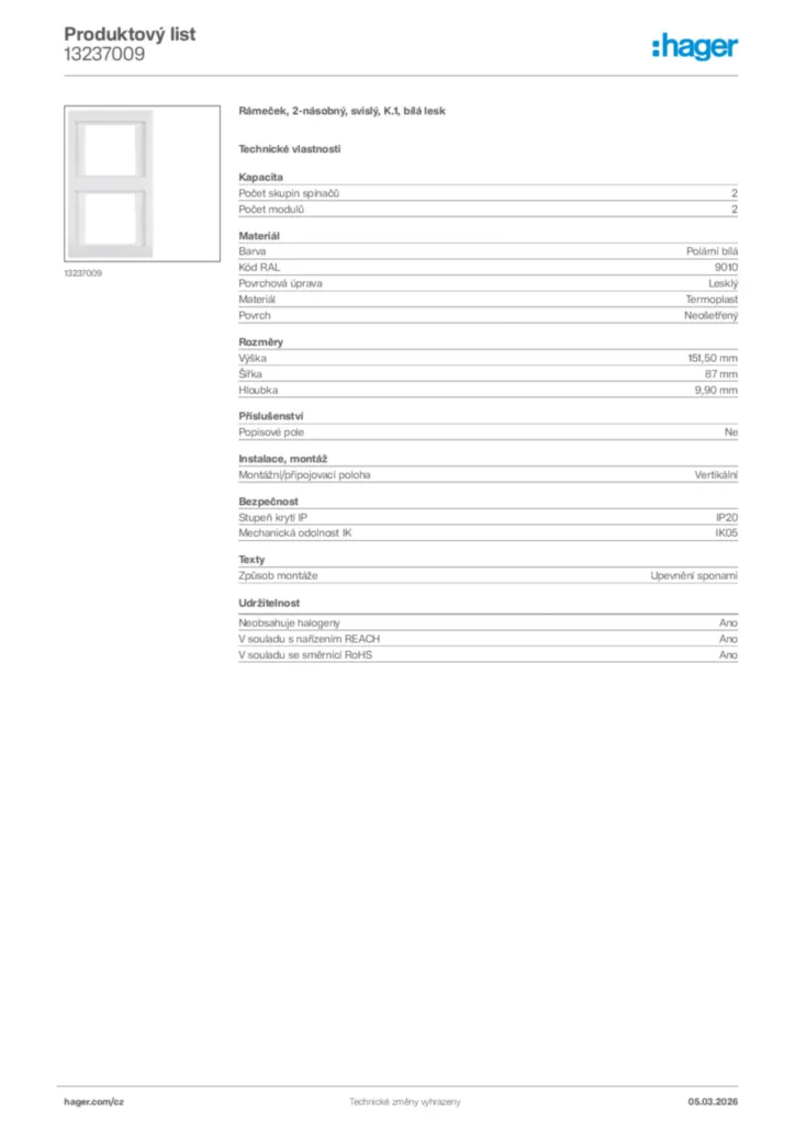 Obrázek Hager Product data sheet 13237009 | Hager