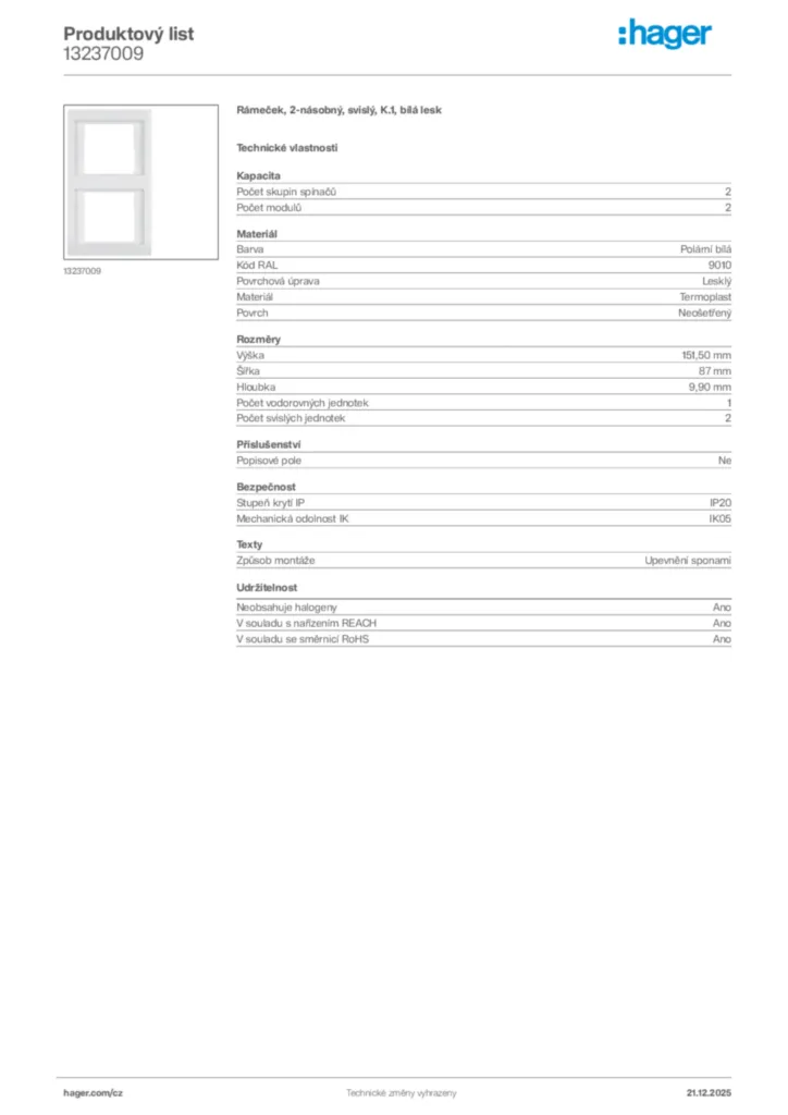 Obrázek Hager Produktový list 13237009 | Hager