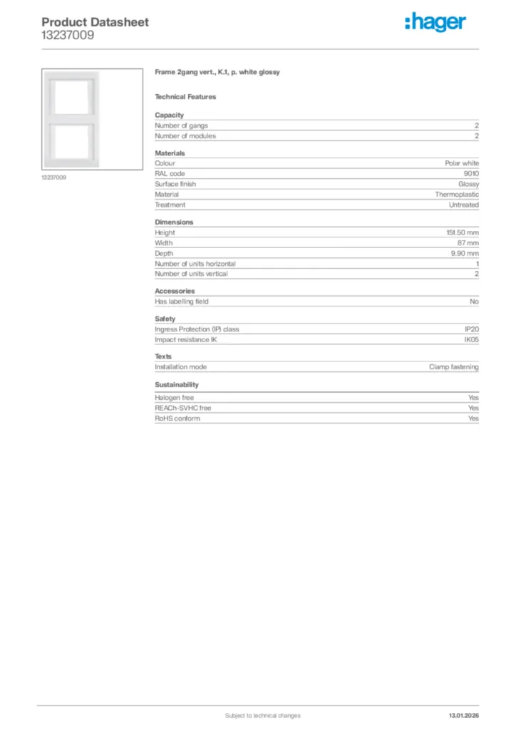 Image Hager Product data sheet 13237009  | Hager