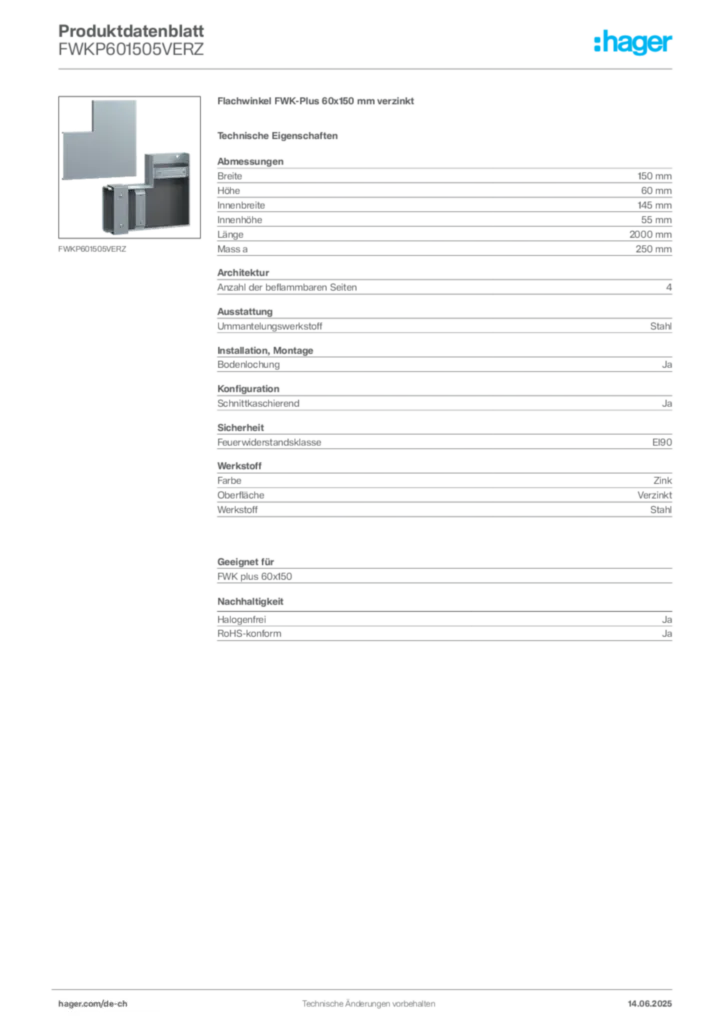 Bild Hager Produktdatenblatt FWKP601505VERZ | Hager Schweiz