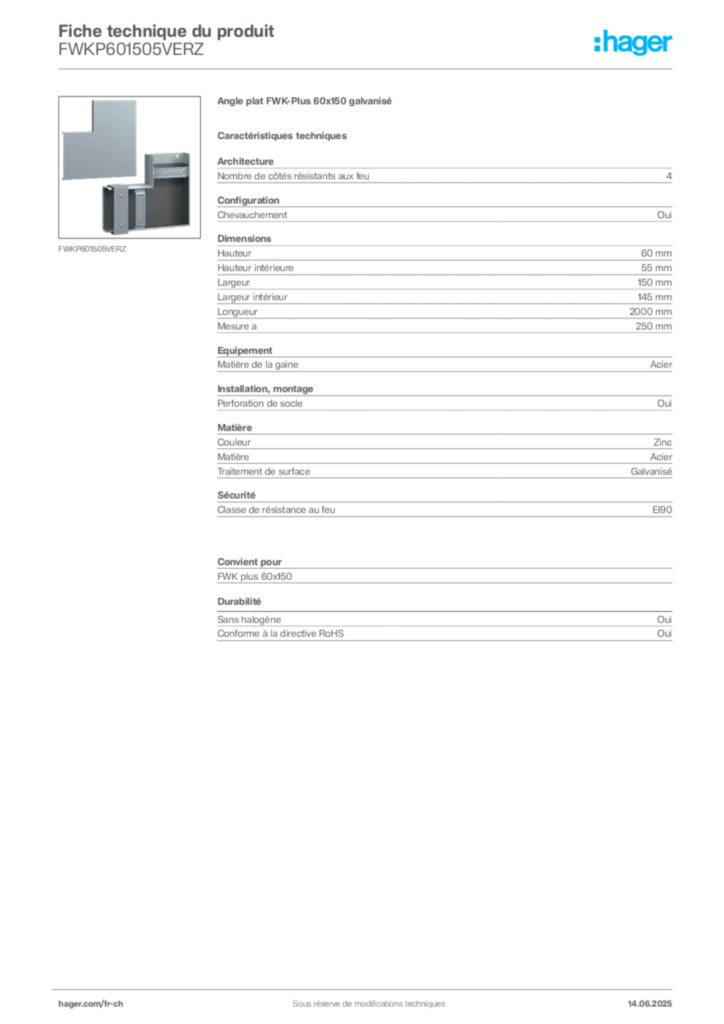 Image Hager Fiche technique du produit FWKP601505VERZ | Hager Suisse