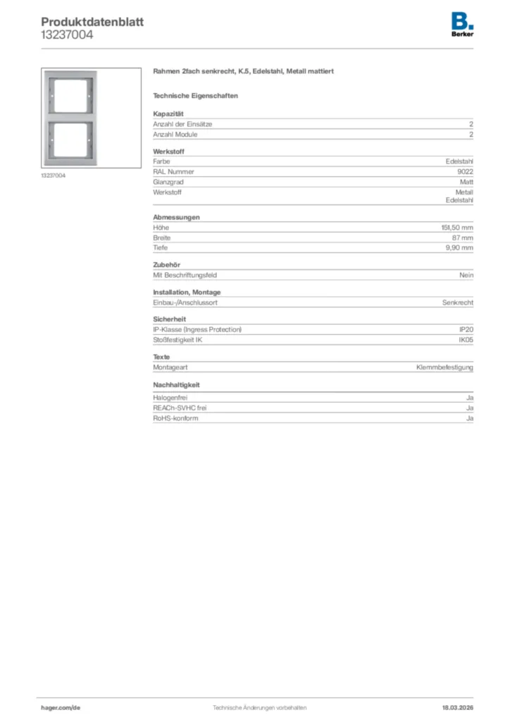 Bild Berker Produktdatenblatt 13237004 | Hager Deutschland