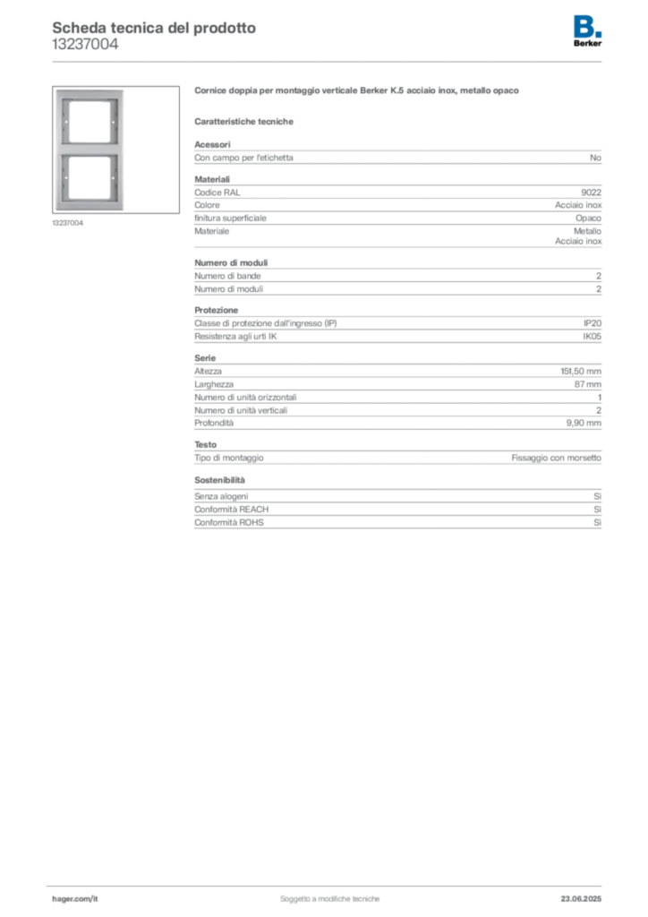 Immagine Berker Scheda tecnica del prodotto 13237004 | Hager Italia