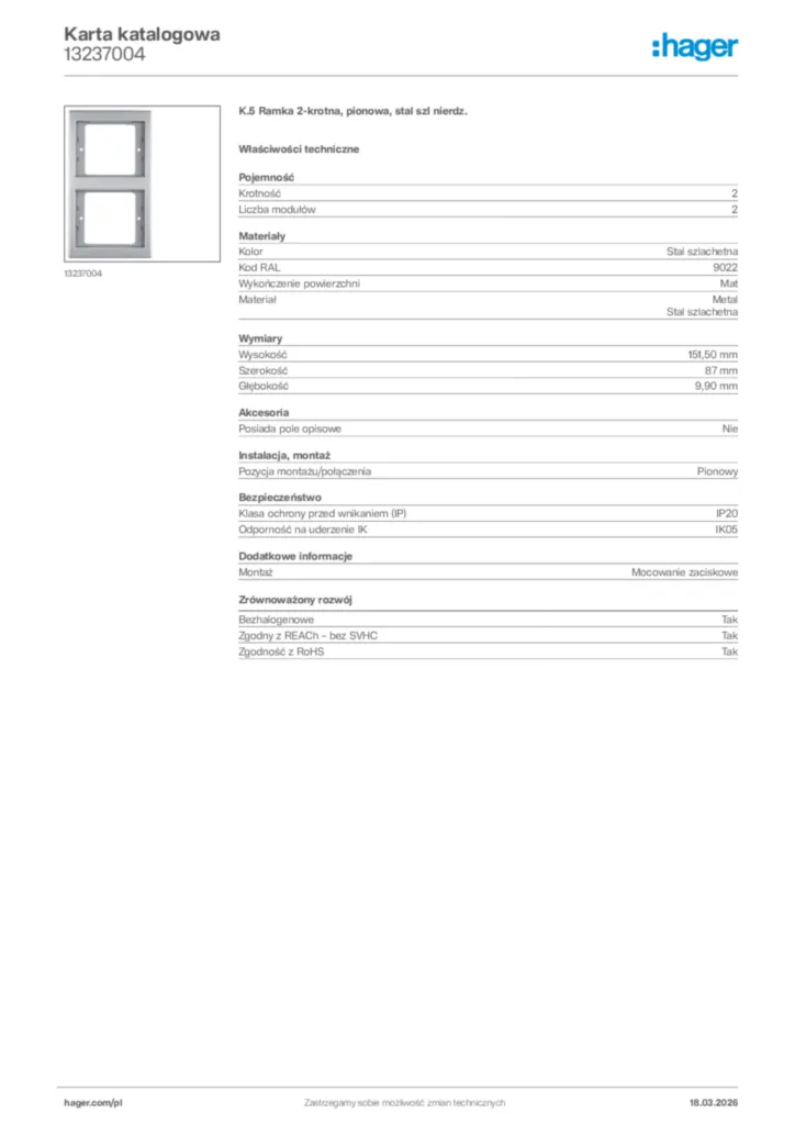 Zdjęcie Hager Karta katalogowa 13237004 | Hager Polska
