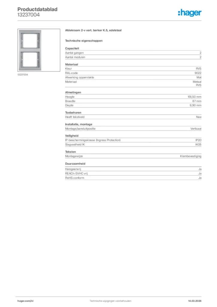 Afbeelding Hager Productdatablad 13237004 | Hager Nederland
