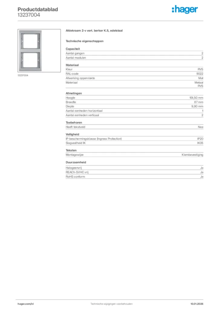 Afbeelding Hager Productdatablad 13237004 | Hager Nederland