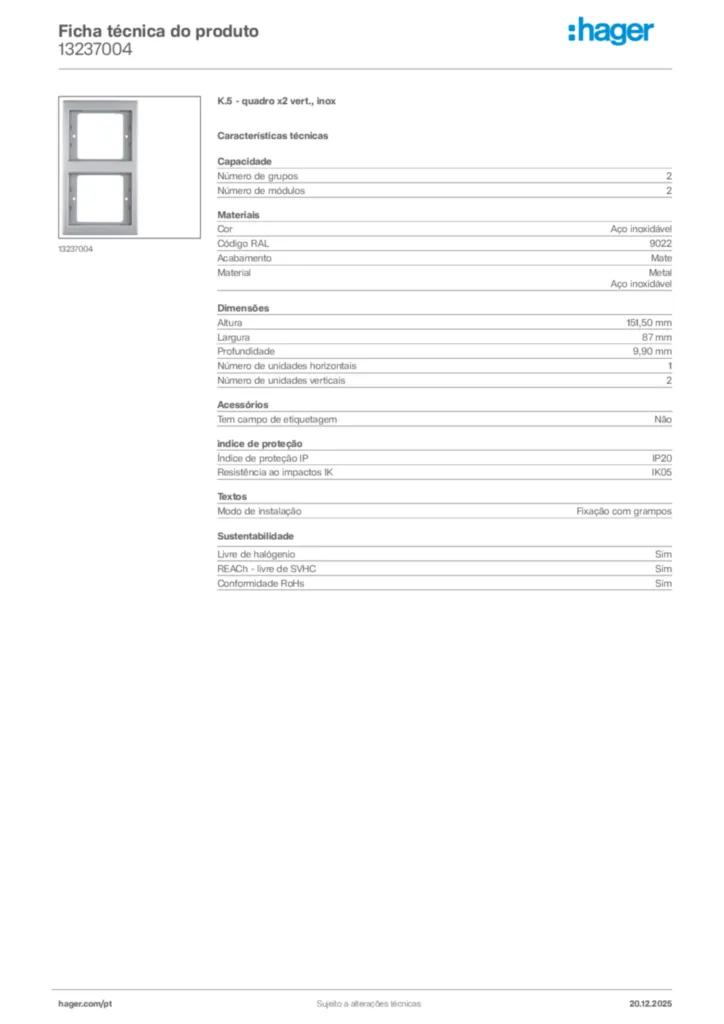 Imagem Hager Ficha técnica do produto 13237004 | Hager Portugal