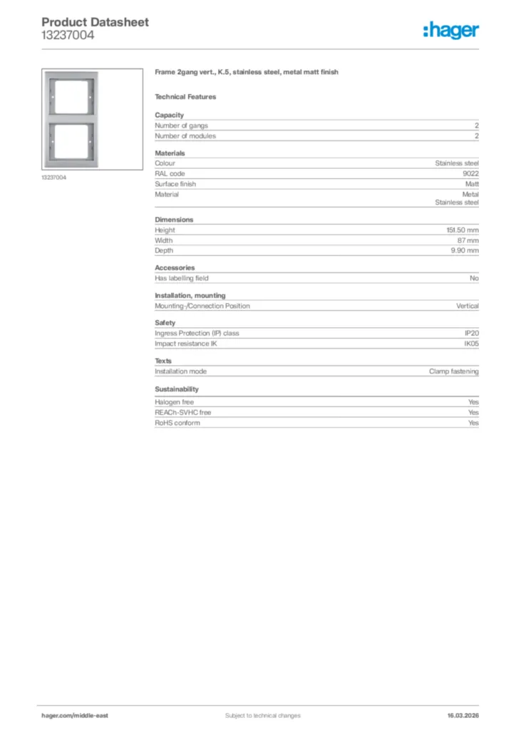 Image Hager Product data sheet 13237004  | Hager