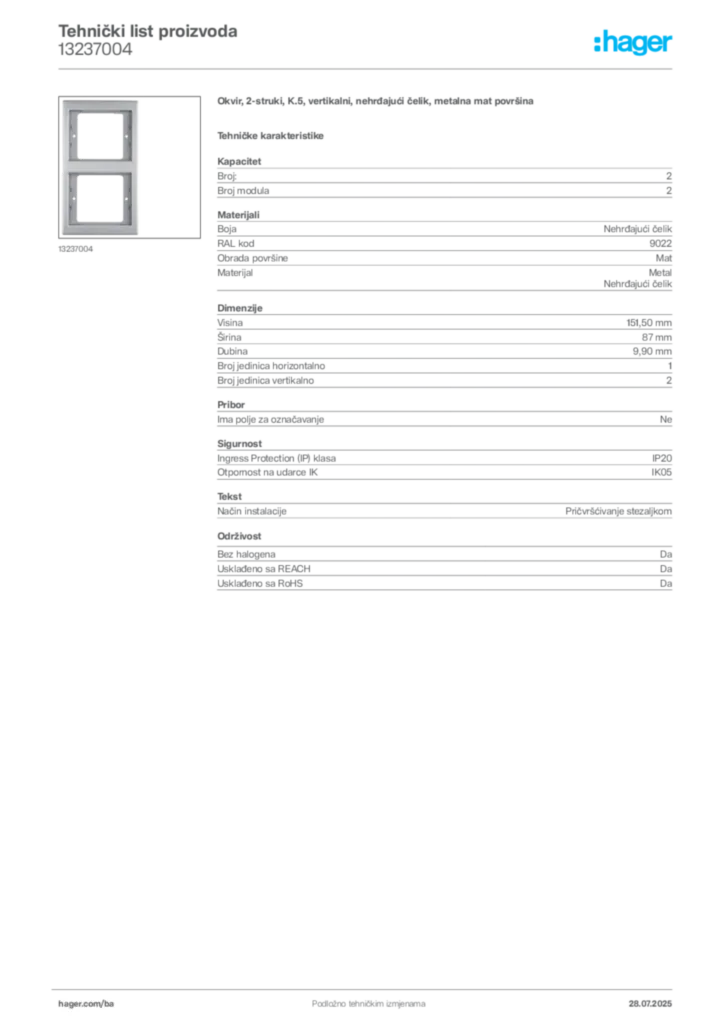 Slika Hager Product data sheet 13237004  | Hager