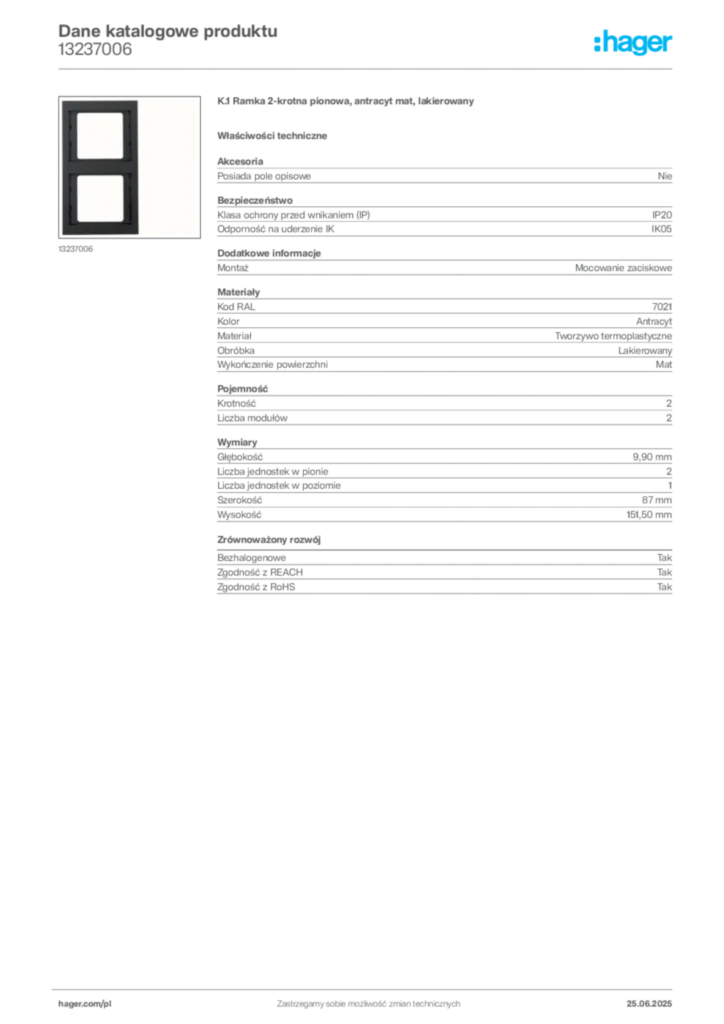 Zdjęcie Hager Dane katalogowe produktu 13237006 | Hager Polska