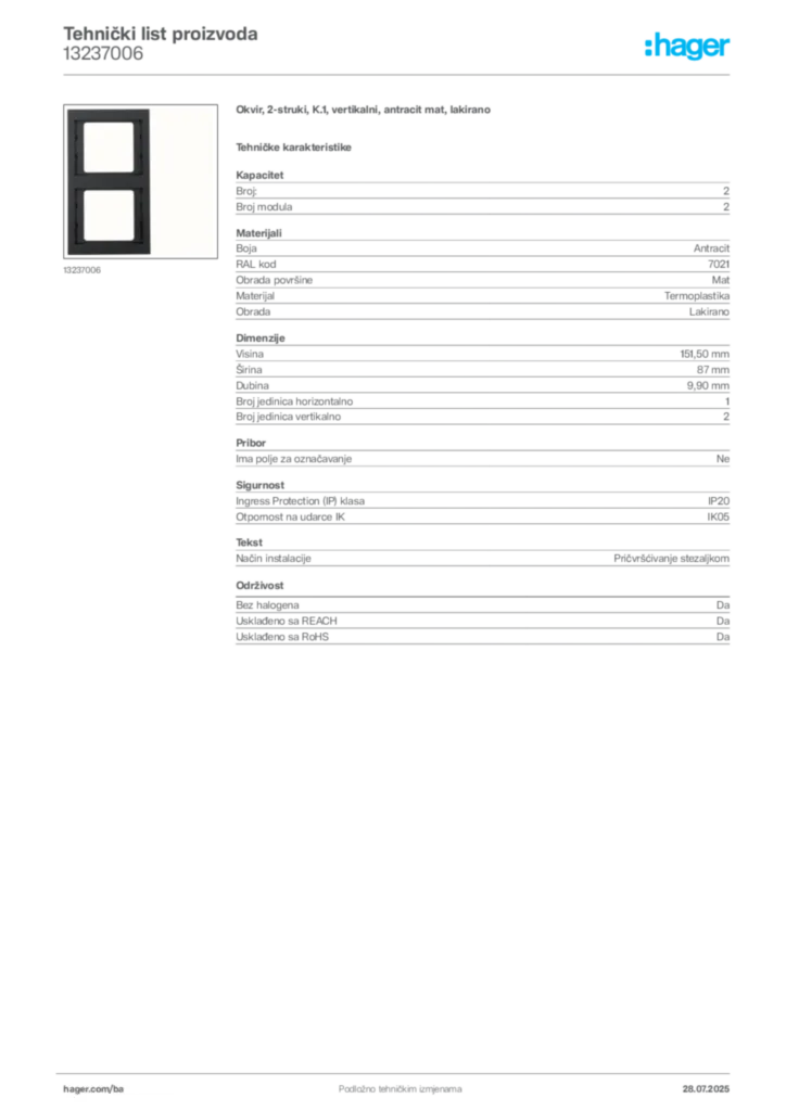 Slika Hager Product data sheet 13237006  | Hager