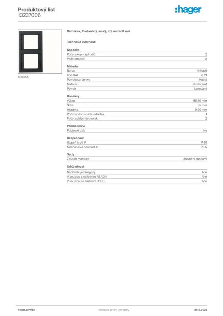 Obrázek Hager Produktový list 13237006 | Hager