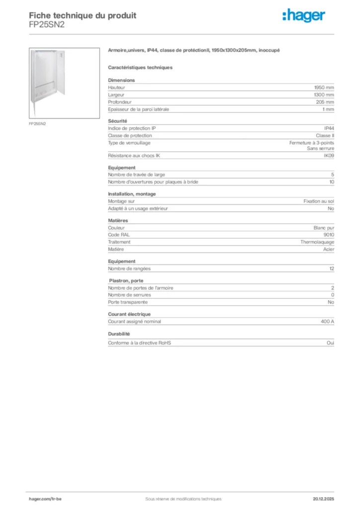 Image Hager Fiche technique du produit FP25SN2 | Hager Belgique