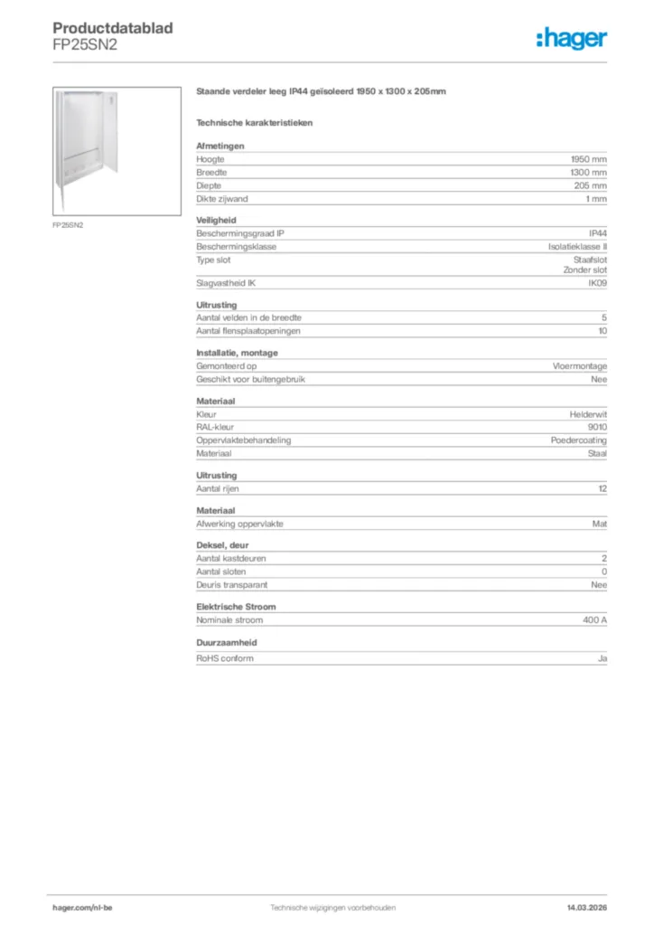 Afbeelding Hager Productdatablad FP25SN2 | Hager Belgium