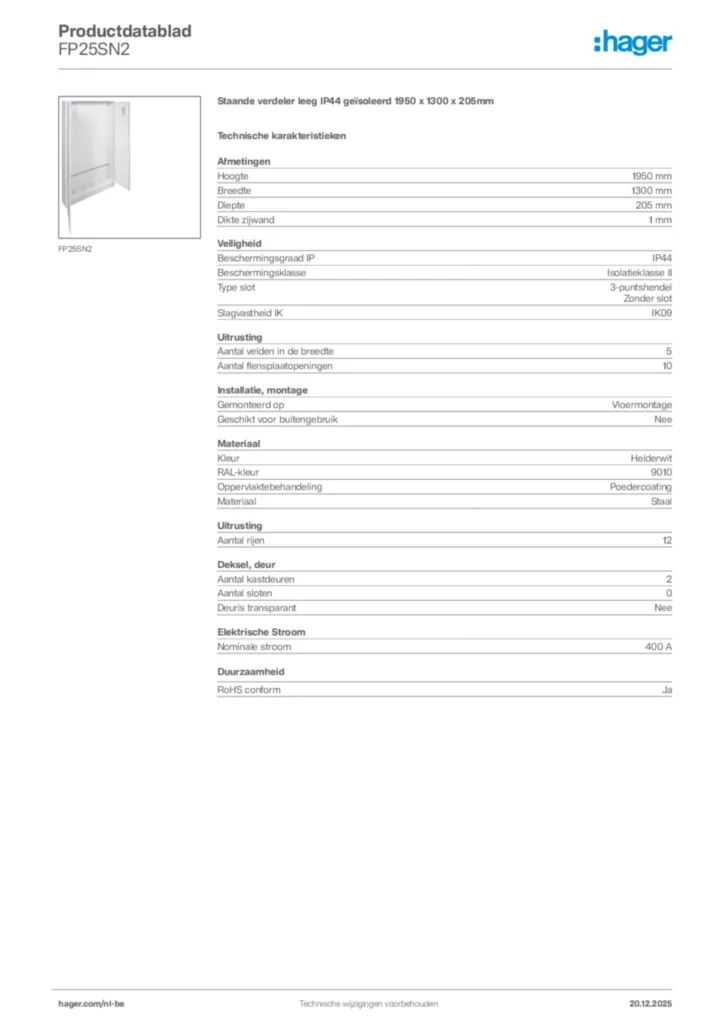 Afbeelding Hager Productdatablad FP25SN2 | Hager Belgium