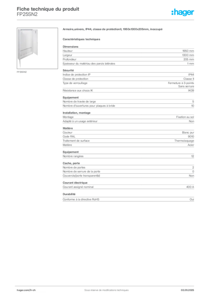Image Hager Fiche technique du produit FP25SN2 | Hager Suisse