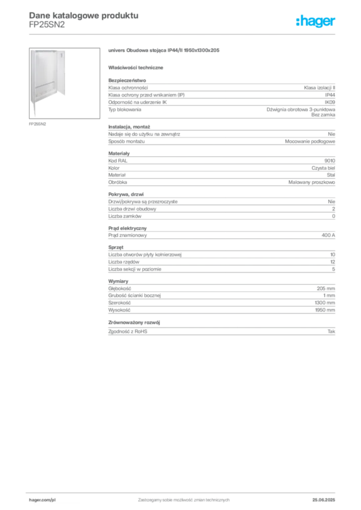 Zdjęcie Hager Dane katalogowe produktu FP25SN2 | Hager Polska