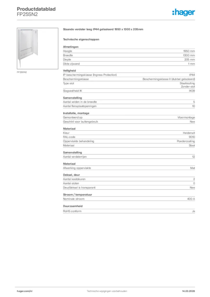 Afbeelding Hager Productdatablad FP25SN2 | Hager Nederland