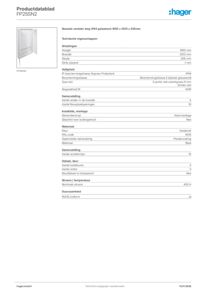 Afbeelding Hager Productdatablad FP25SN2 | Hager Nederland