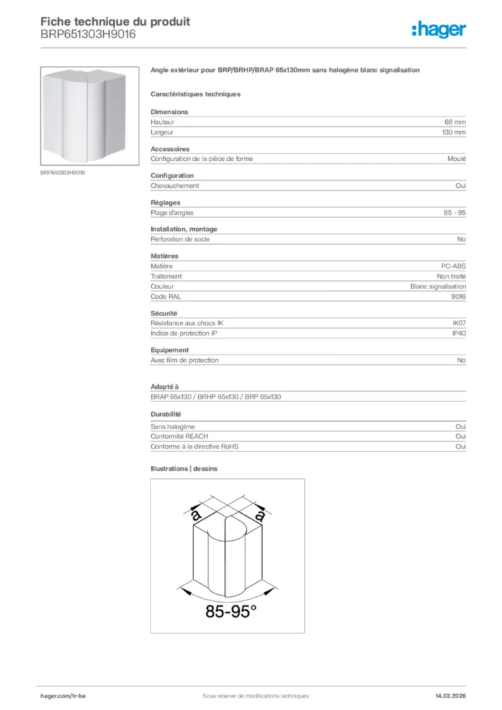 Image Hager Fiche technique du produit BRP651303H9016 | Hager Belgique