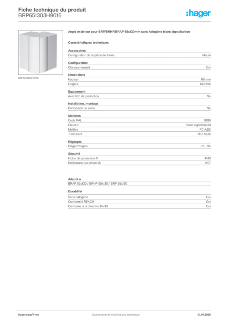 Image Hager Fiche technique du produit BRP651303H9016 | Hager Belgique