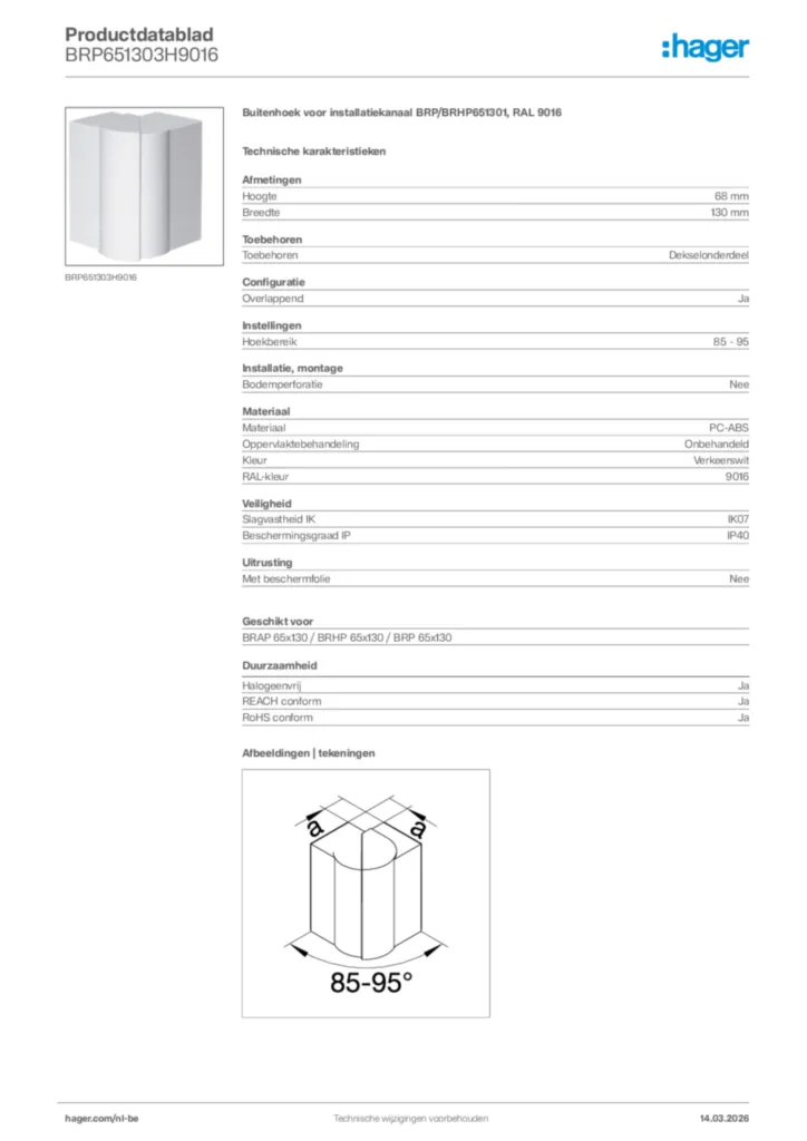 Afbeelding Hager Productdatablad BRP651303H9016 | Hager Belgium