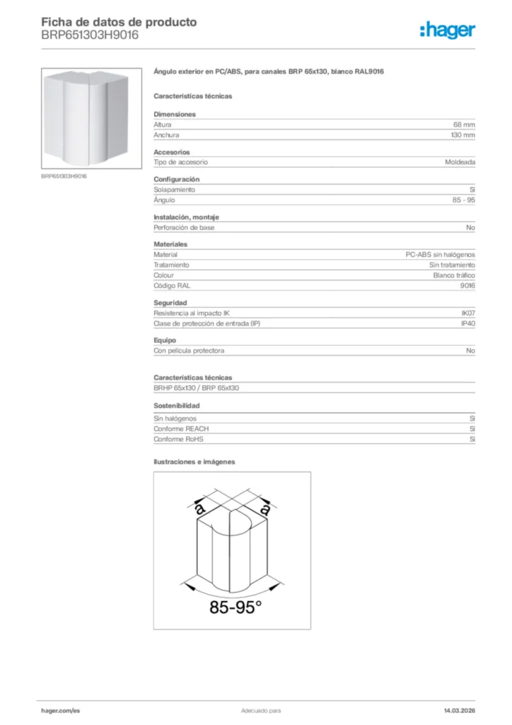 Imagen Hager Ficha de datos de producto BRP651303H9016 | Hager España