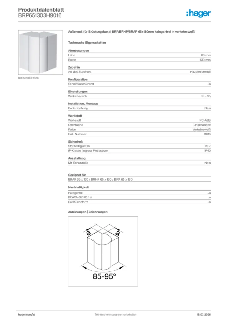 Bild Hager Produktdatenblatt BRP651303H9016 | Hager Deutschland