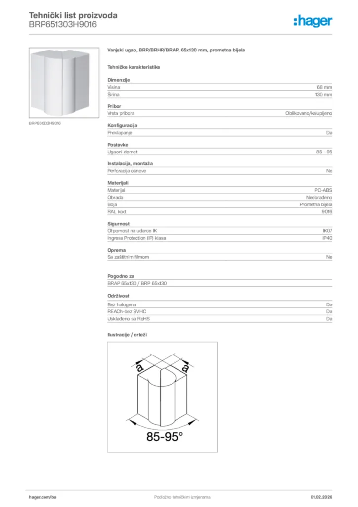 Slika Hager Tehnički list proizvoda BRP651303H9016  | Hager