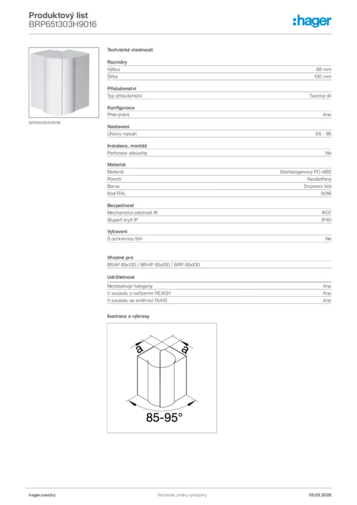 Obrázek Hager Product data sheet BRP651303H9016 | Hager