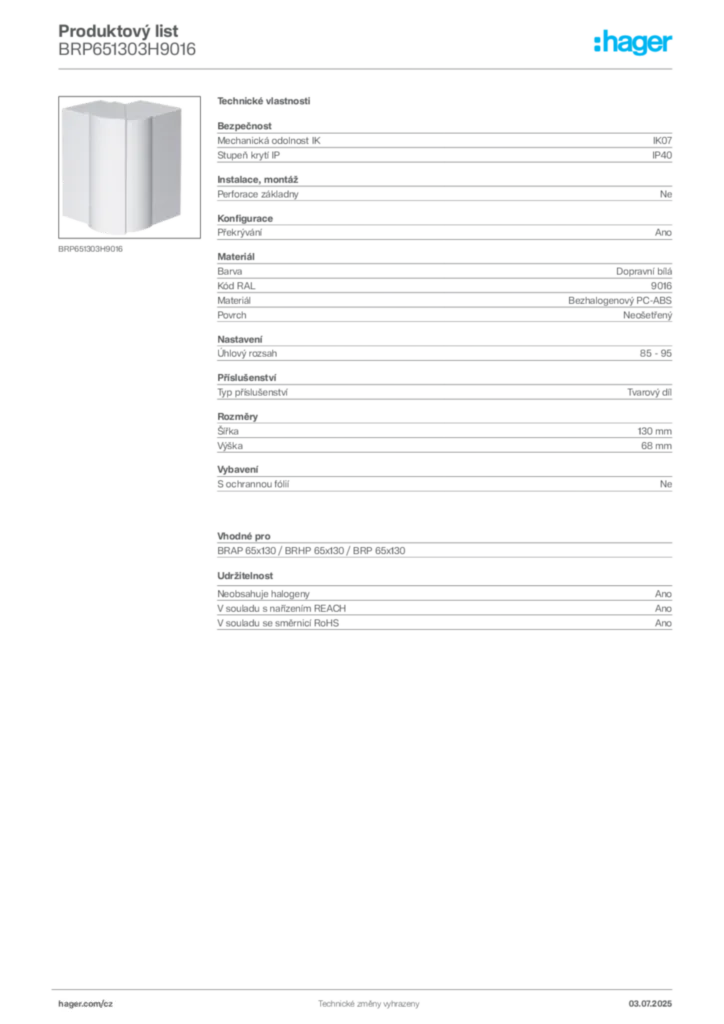 Obrázek Hager Produktový list BRP651303H9016 | Hager