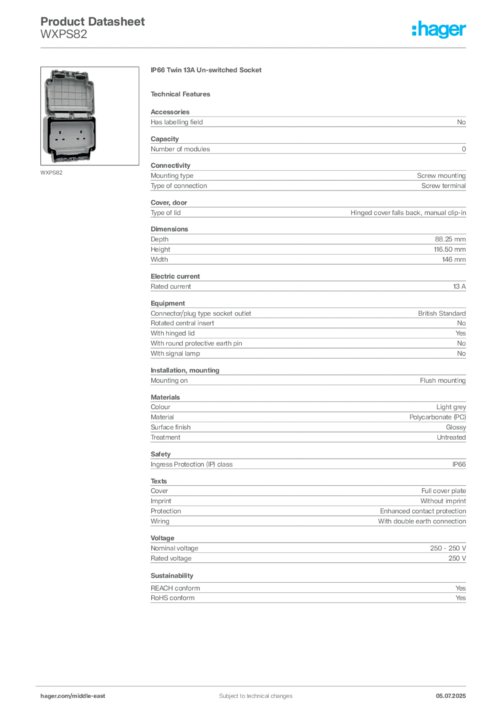 Image Hager Product data sheet WXPS82  | Hager