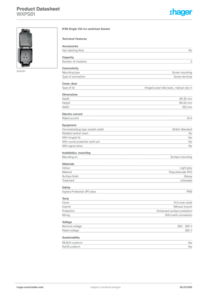 Image Hager Product data sheet WXPS81  | Hager