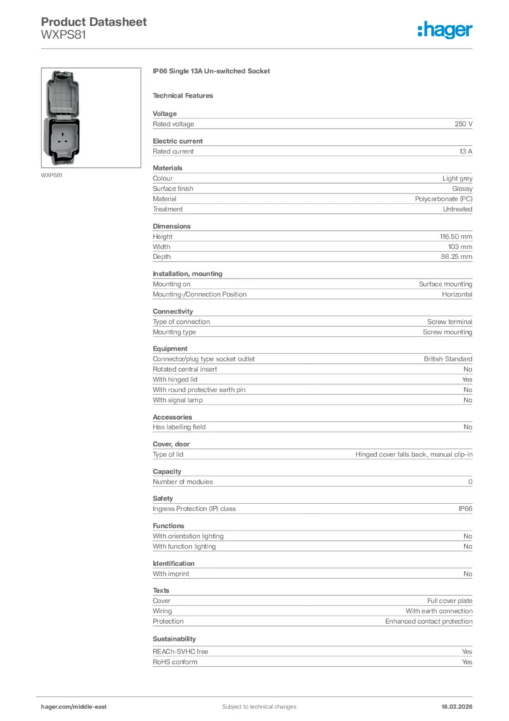 Image Hager Product data sheet WXPS81  | Hager