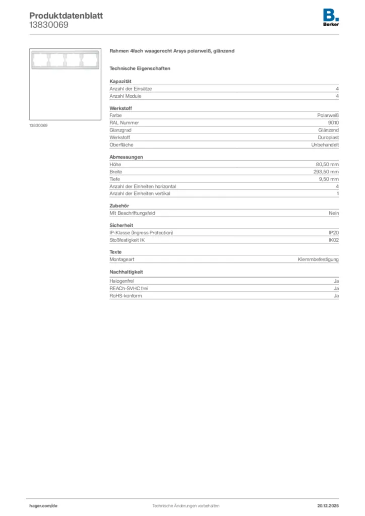 Bild Berker Produktdatenblatt 13830069 | Hager Deutschland