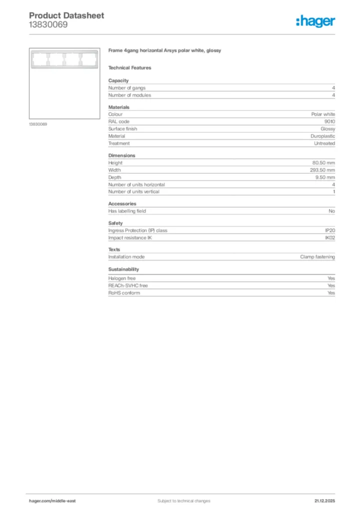 Image Hager Product data sheet 13830069  | Hager