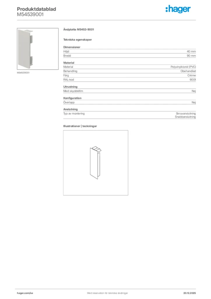 Bild Hager Produktdatablad M54539001 | Hager Sverige
