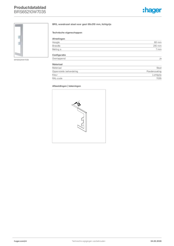 Afbeelding Hager Productdatablad BRS65210W7035 | Hager Nederland