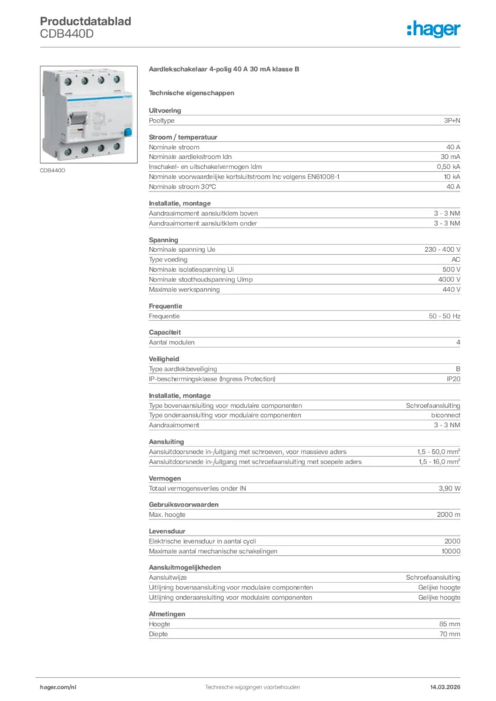 Afbeelding Hager Productdatablad CDB440D | Hager Nederland