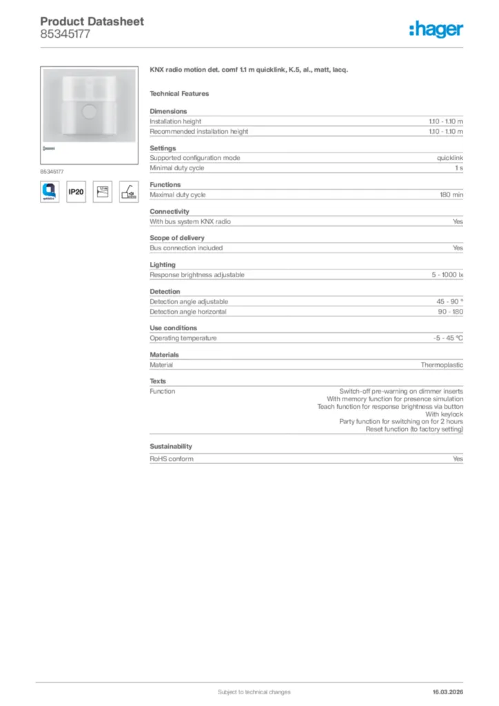 Image Hager Product data sheet 85345177  | Hager Africa